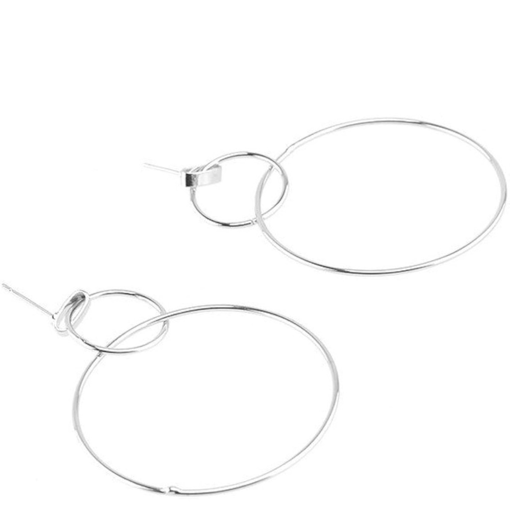 Geometric Silver Double Circle Round Stud Earrings - image 2